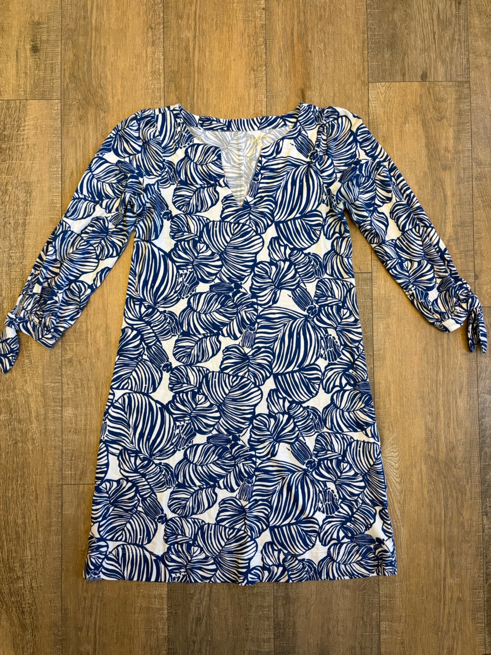 Lilly Pulitzer Cath Dress Blue White Tropical Print 3/4 Sleeve XS